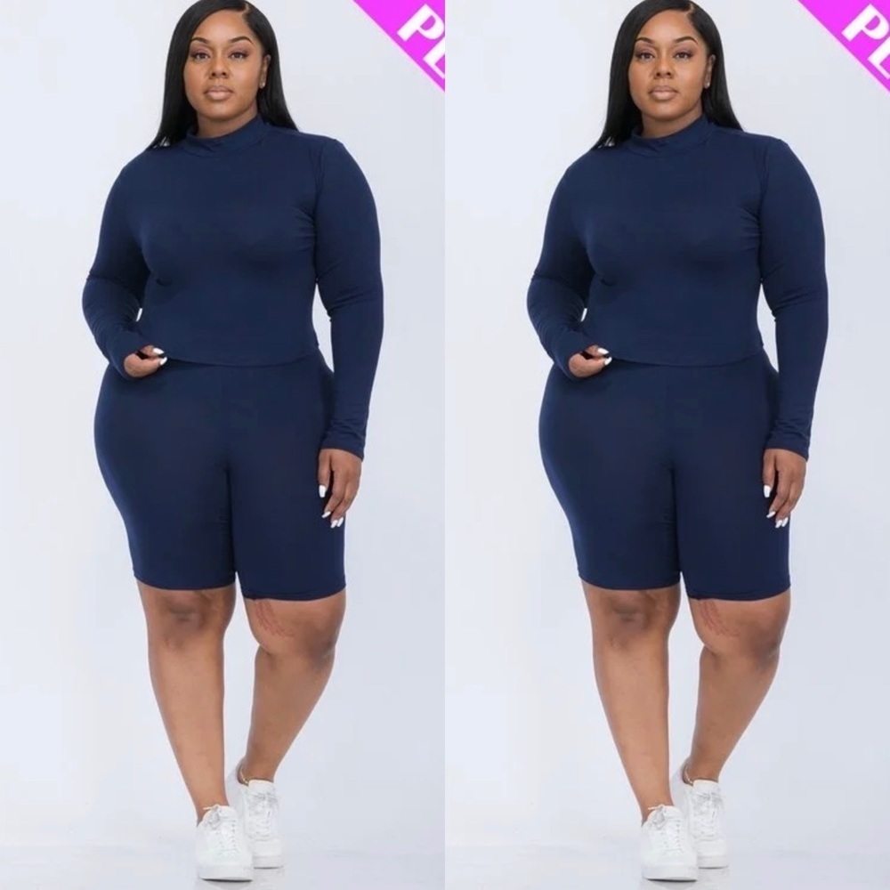 PLUS SIZE BLUE NAVY LONG SLEEVE MOCK NECK SHIRT BIKER SHORT SET